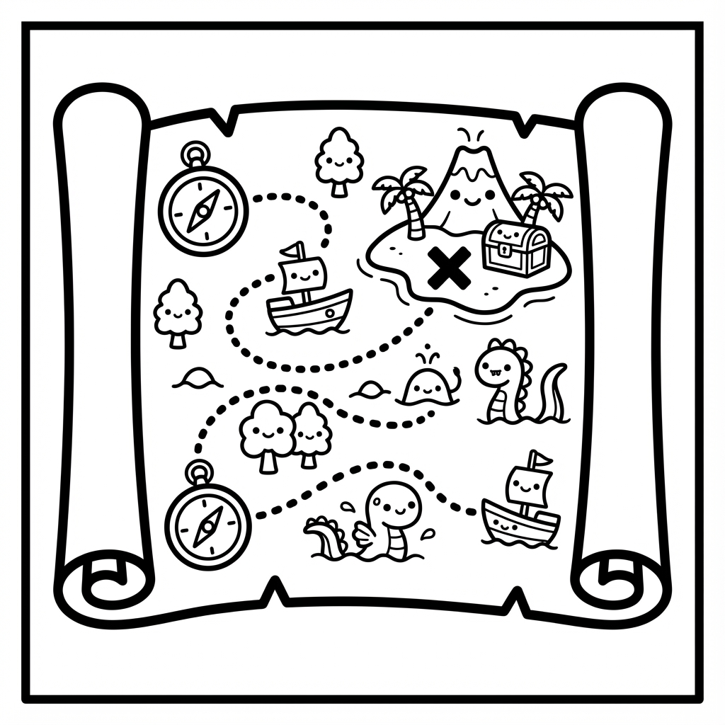 Old treasure map scroll with cute islands, compasses, and an X marking the spot, designed as bold line coloring pages with fat marker coloring pages in mind.